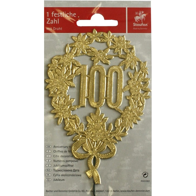 Jubilumszahl 100 mit Draht gold 8x12cm