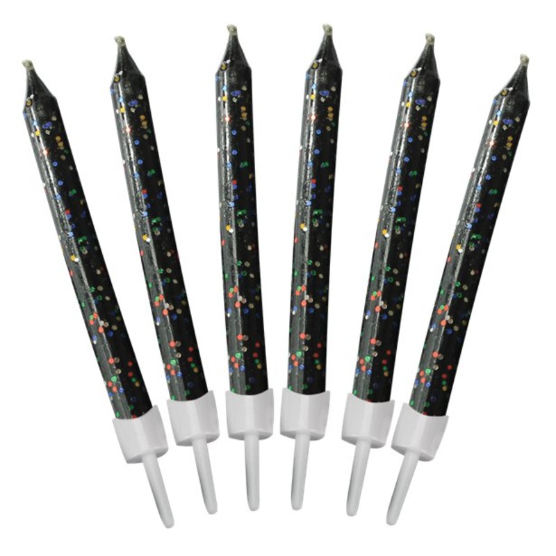 12 glitter cake candles black 6cm