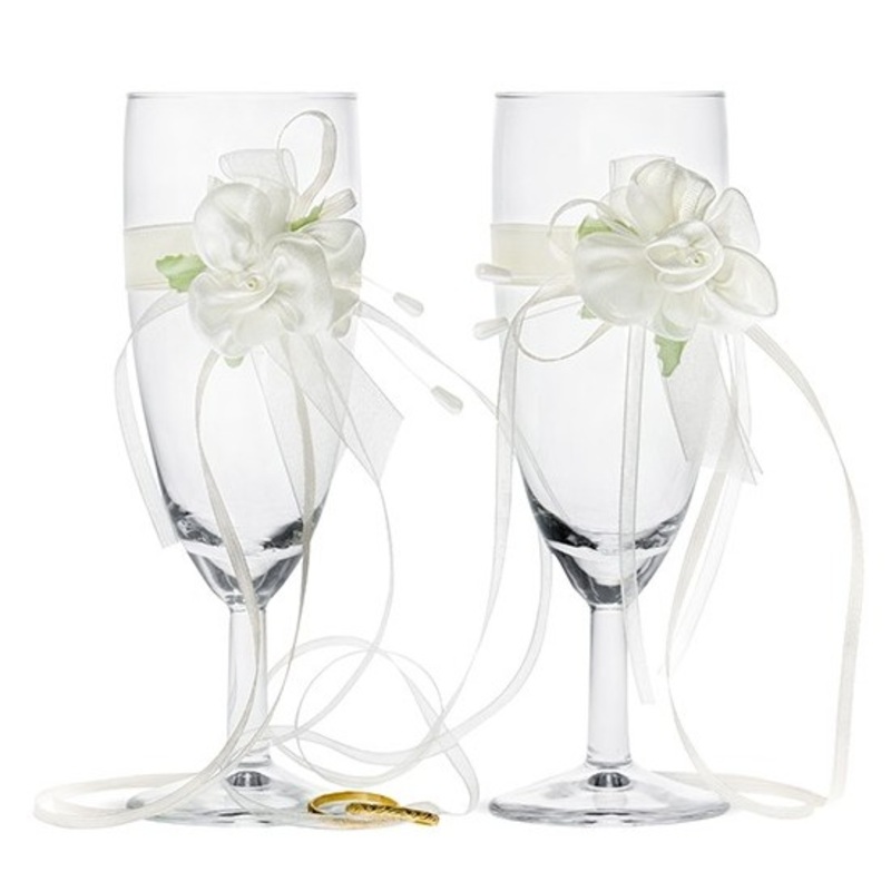 2 wedding glasses with flowers and wedding rings 15 cm