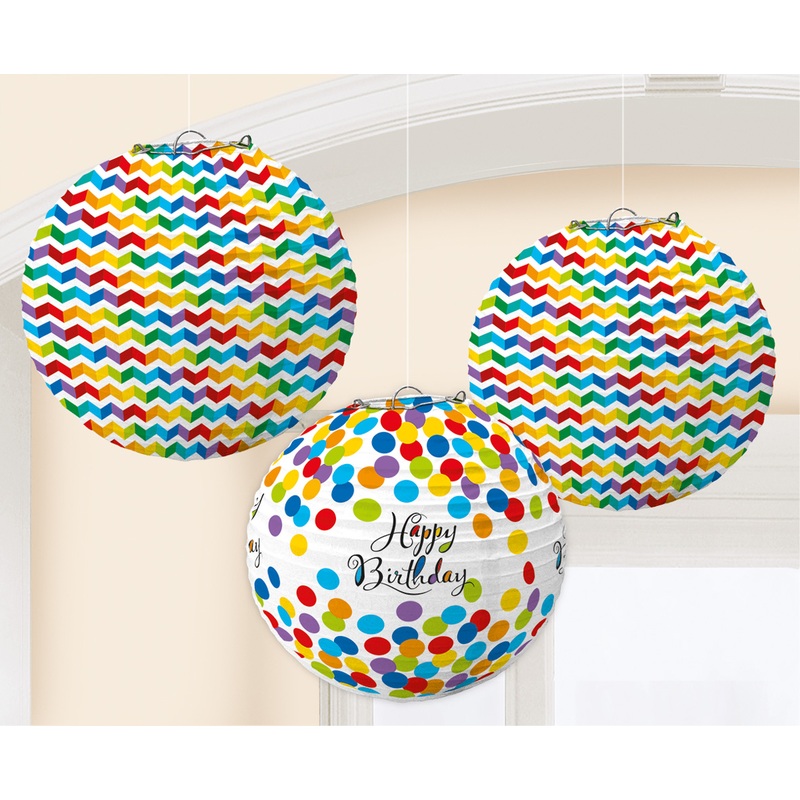 3 Rainbow Birthday Chinese lanterns 24cm