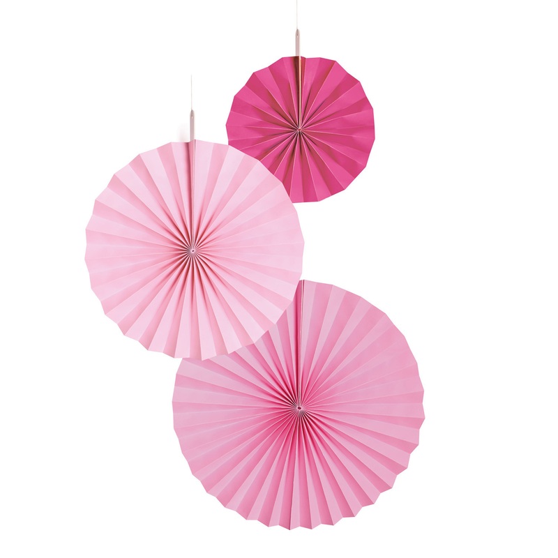 3 shiny pink paper rosettes