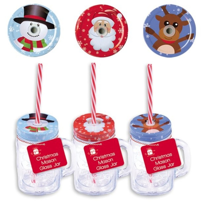 1 Christmas glass with lid and drinking straw