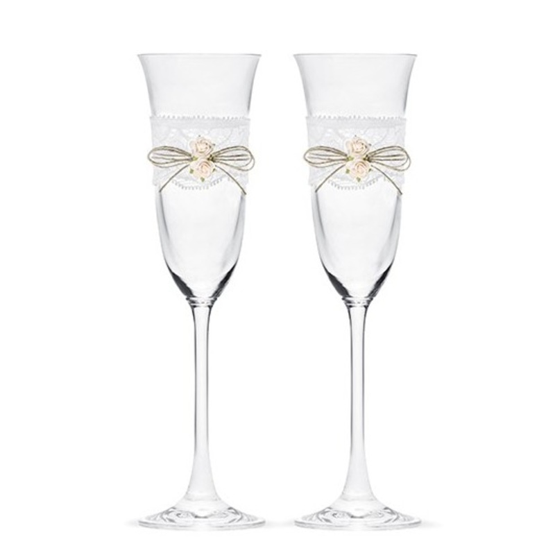 2 romantic champagne flutes with lace and roses