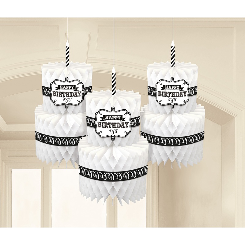 3 Black & White Birthday honeycomb balls 33cm