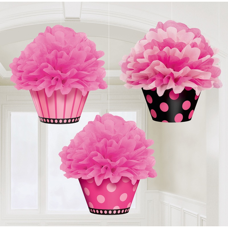3 fluffy cupcake pompoms 26cm