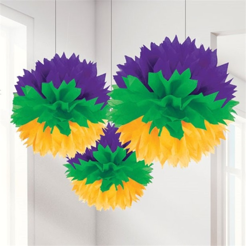 3 Mardi Gras carnival pompoms 40cm