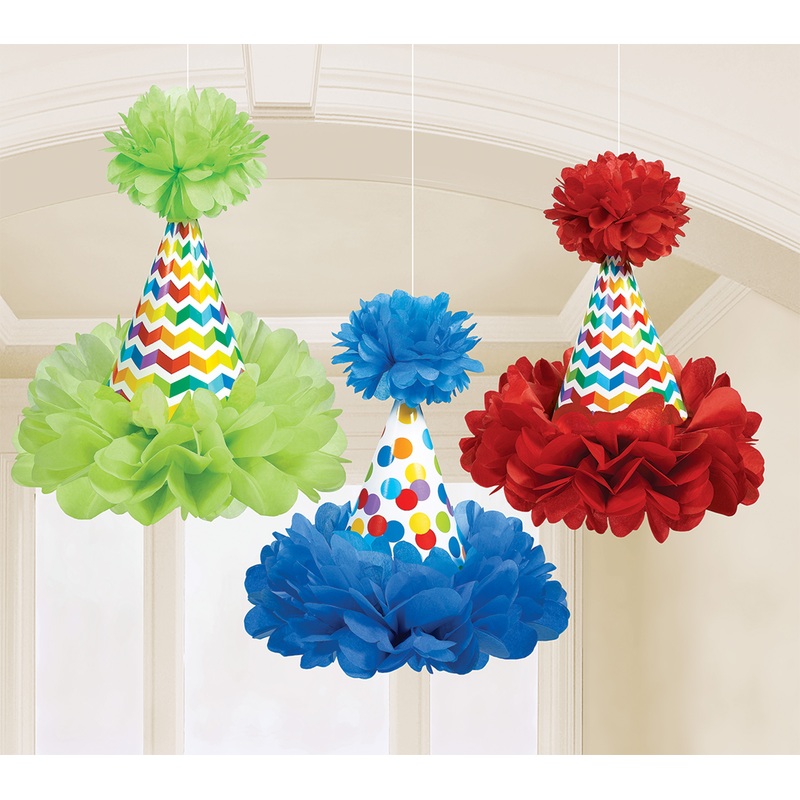 3 Rainbow Birthday party hats pompoms 29cm