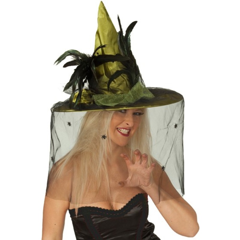 Green witch hat with feathers and spider web