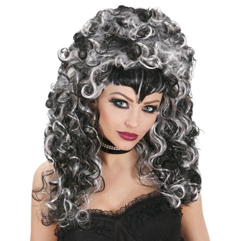 Halloween wig curls black and white pompous