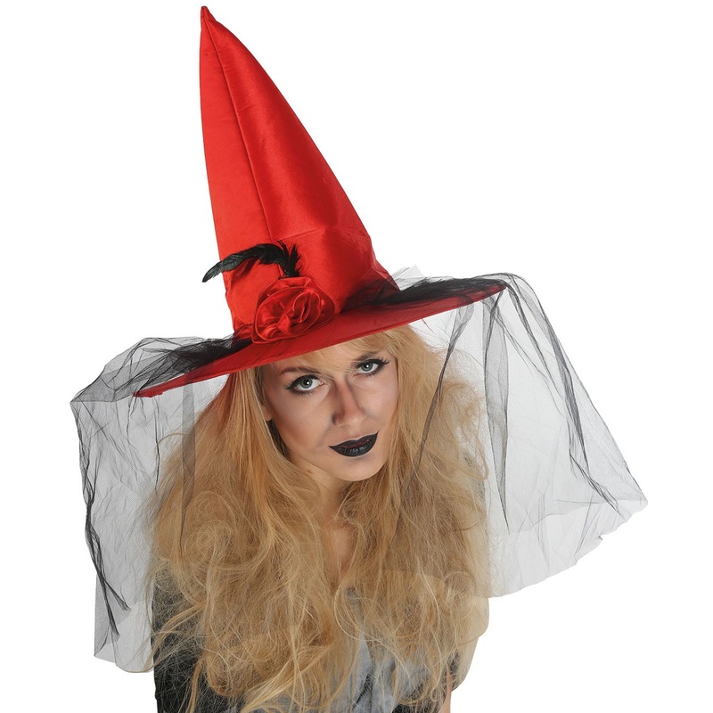 Witch hat with rose and veil in red