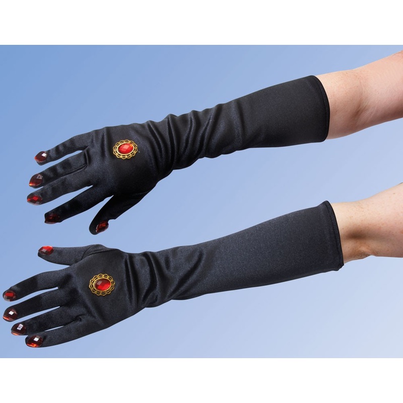 Black satin gloves with red gemstones