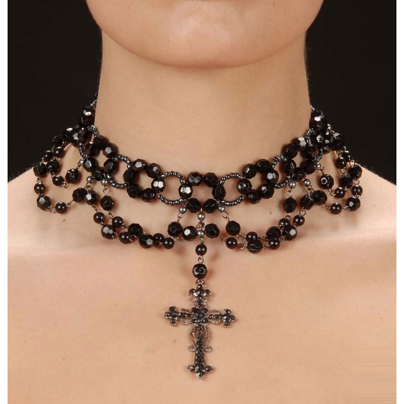 Black Pearl Necklace with Cross