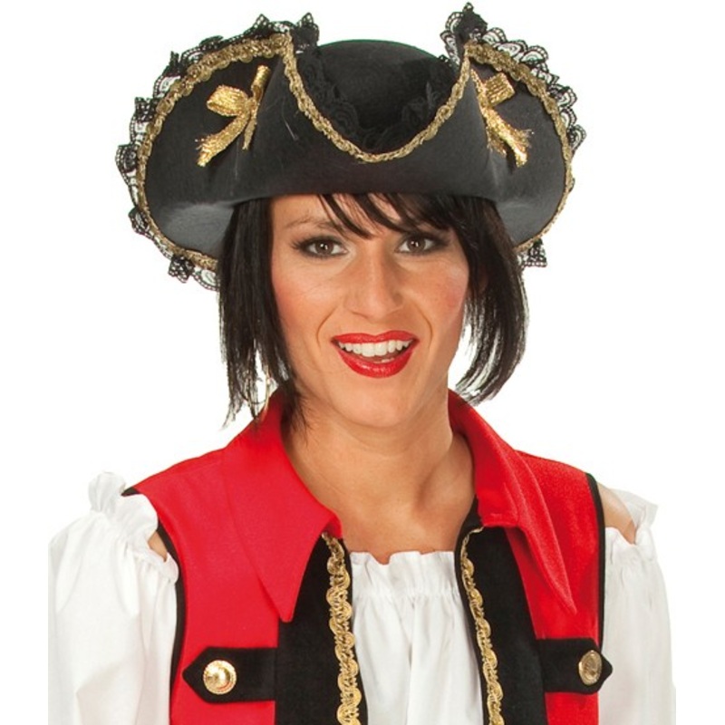 Noble pirate hat in black and gold with frills