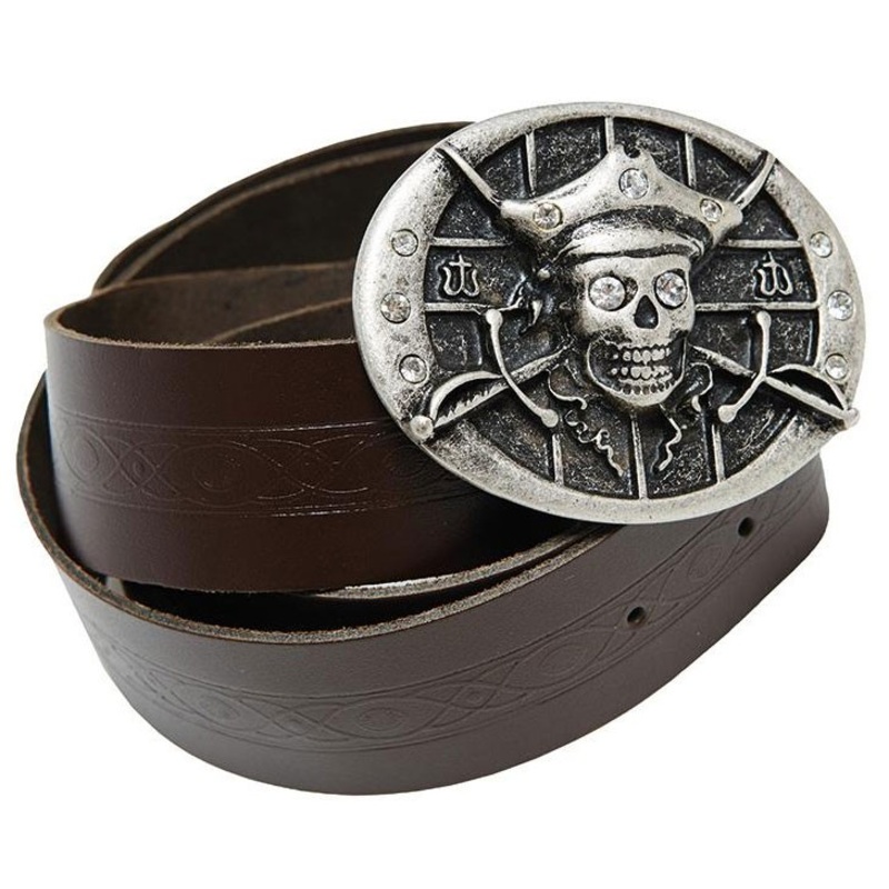 Pirate leather belt skull brown