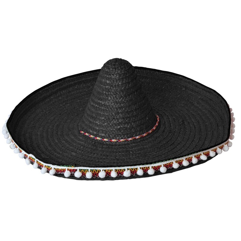 Black straw sombrero with pompons