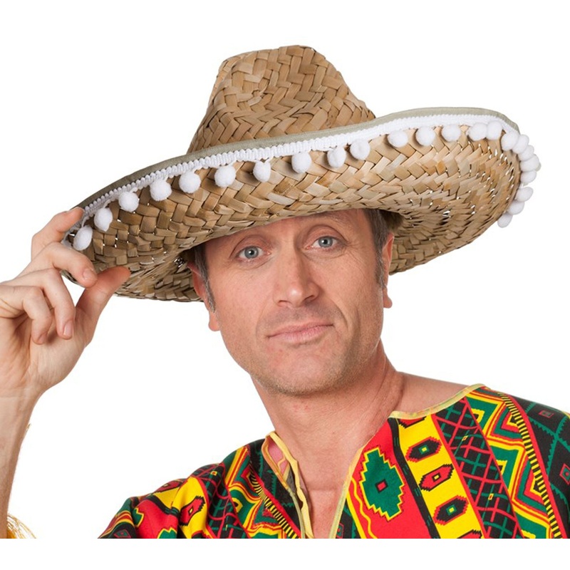 Straw Sombrero With Small Pom Poms