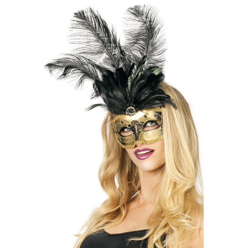Venetian eye mask gold with feathers