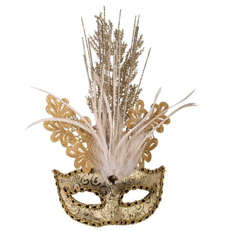 Glittering masquerade mask with gold feathers