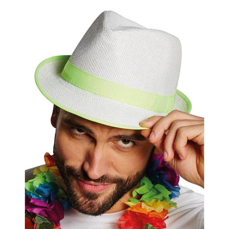 White straw fedora hat with neon green details