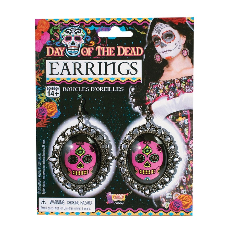 Dia De Muertos Skull Earrings In Pink-Black