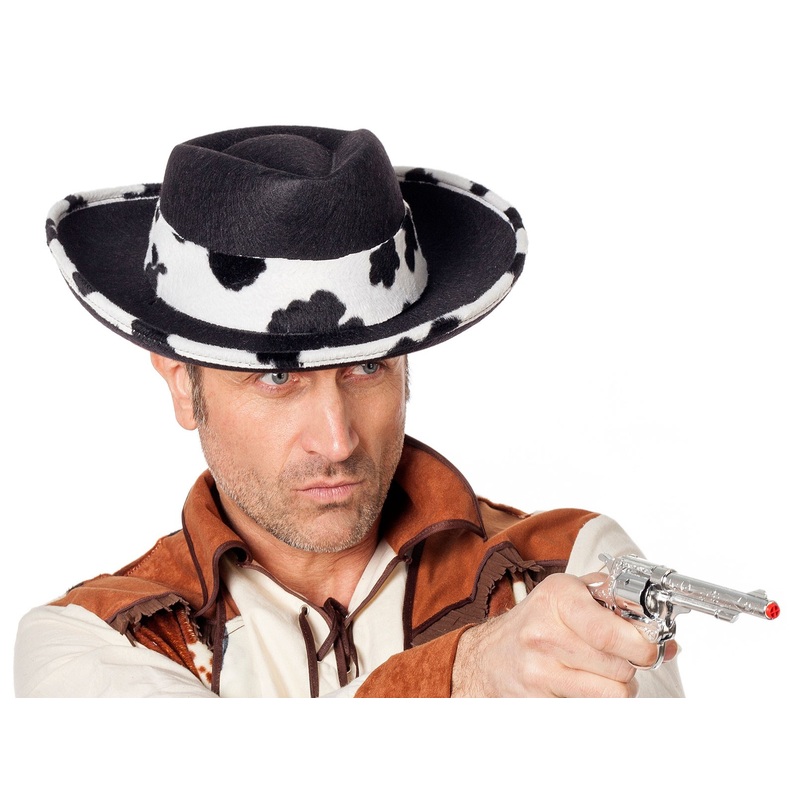 Black cowboy hat with cow pattern