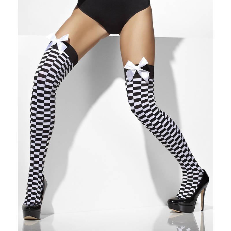 Checkered Overnknee Stockings With Bow