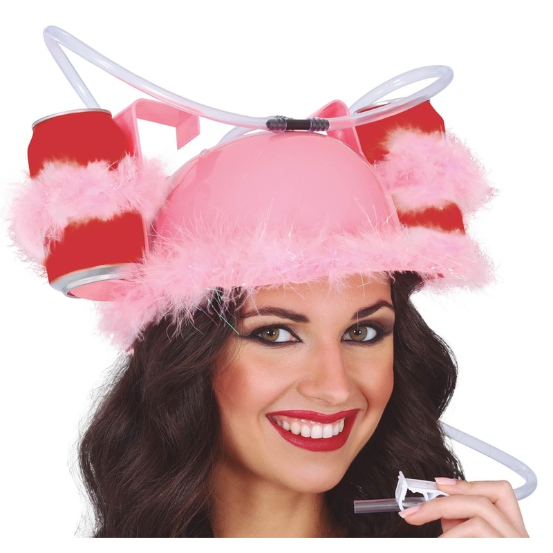 Pink drink helmet with marabou feathers