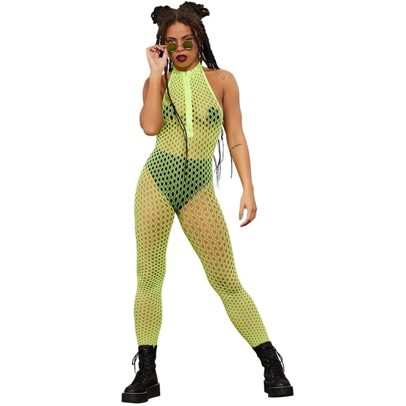 Sexy Neon Yellow Zipper Bodysuit for Women