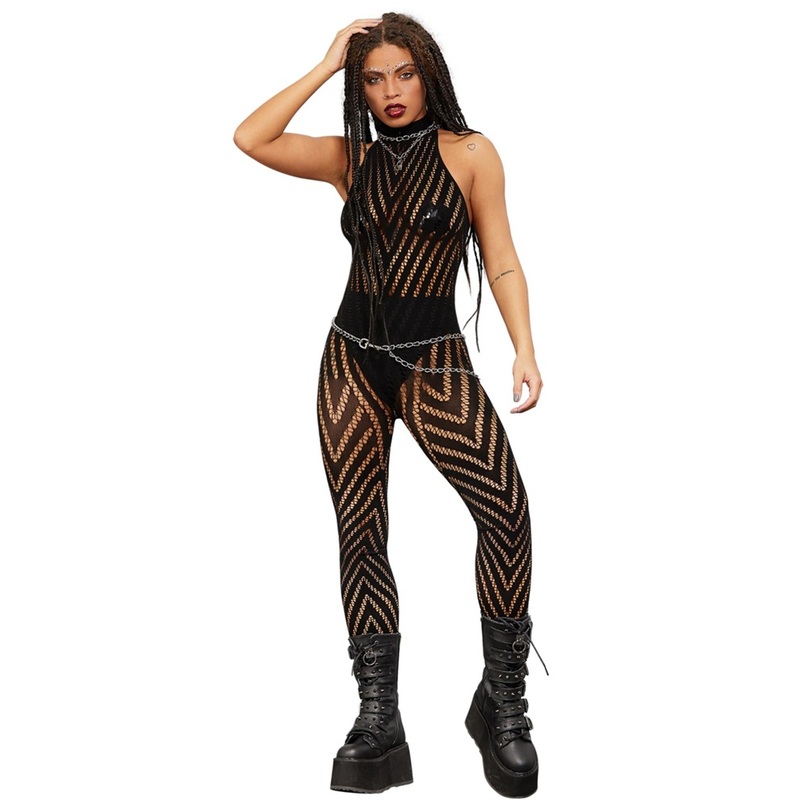 Sexy striped bodysuit for women in black