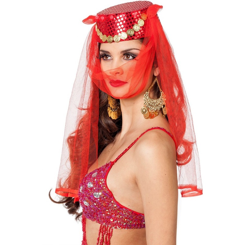 Red belly dance harem hat with veil