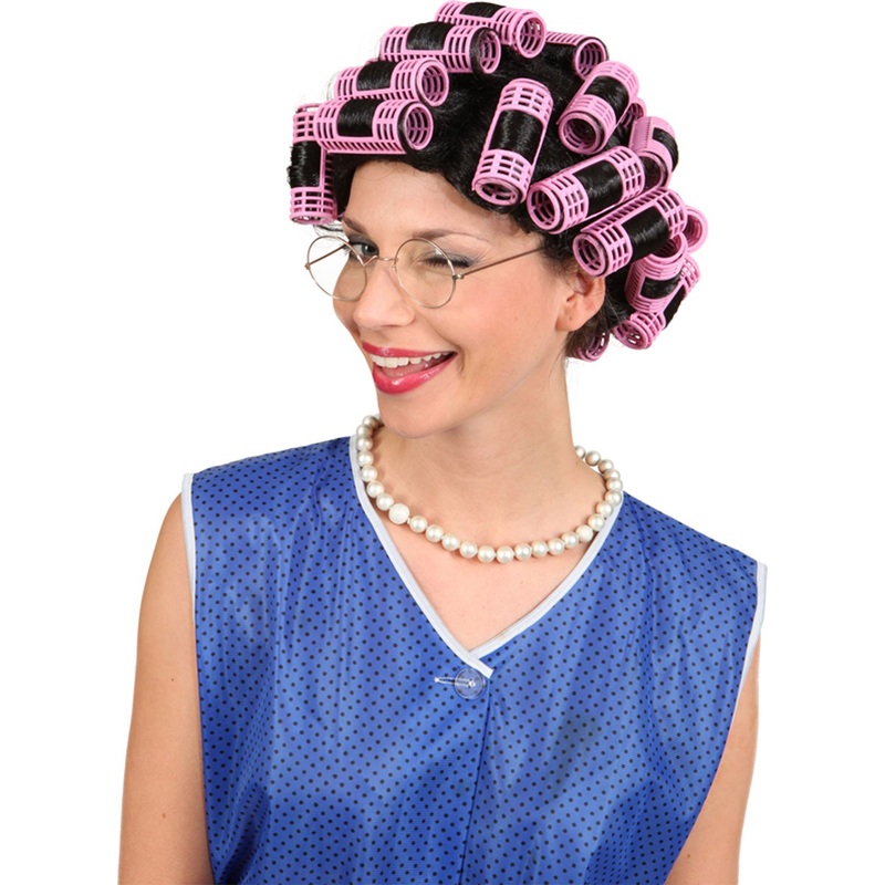 Black wig with pink curlers