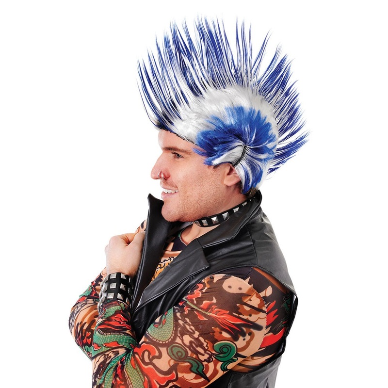 Blue and white punk mohawk wig