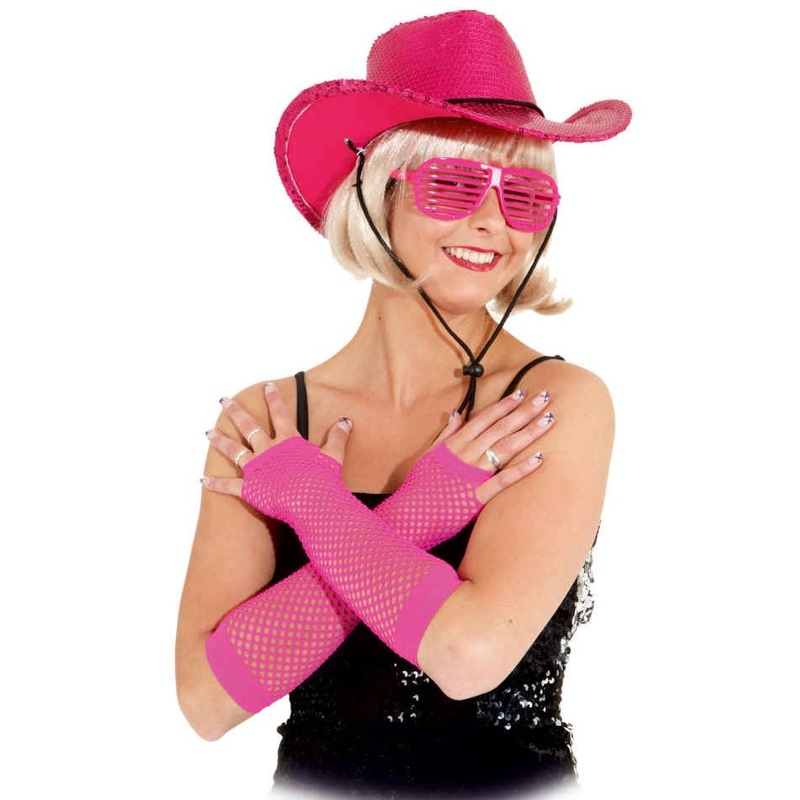 Fingerless mesh gloves long pink