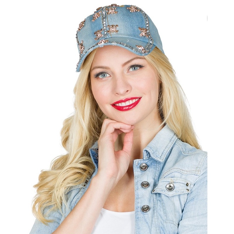 Jeans cap with golden skulls