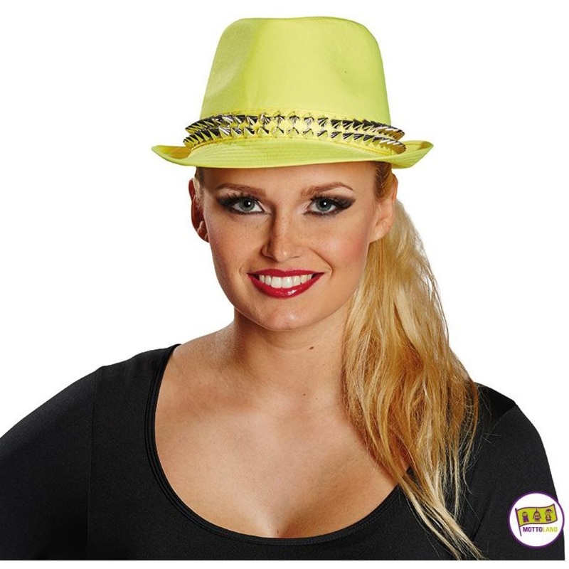 Yellow neon fedora hat with spikes