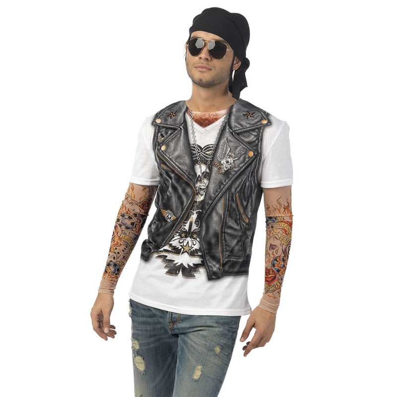 Rocker biker shirt with tattoo sleeves S