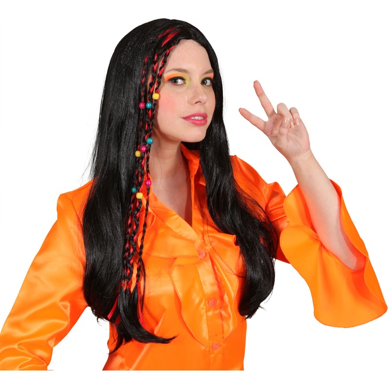 Black hippie wig with pearl braid strands