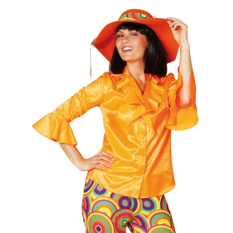 Satin ruffle blouse 70s in orange 36