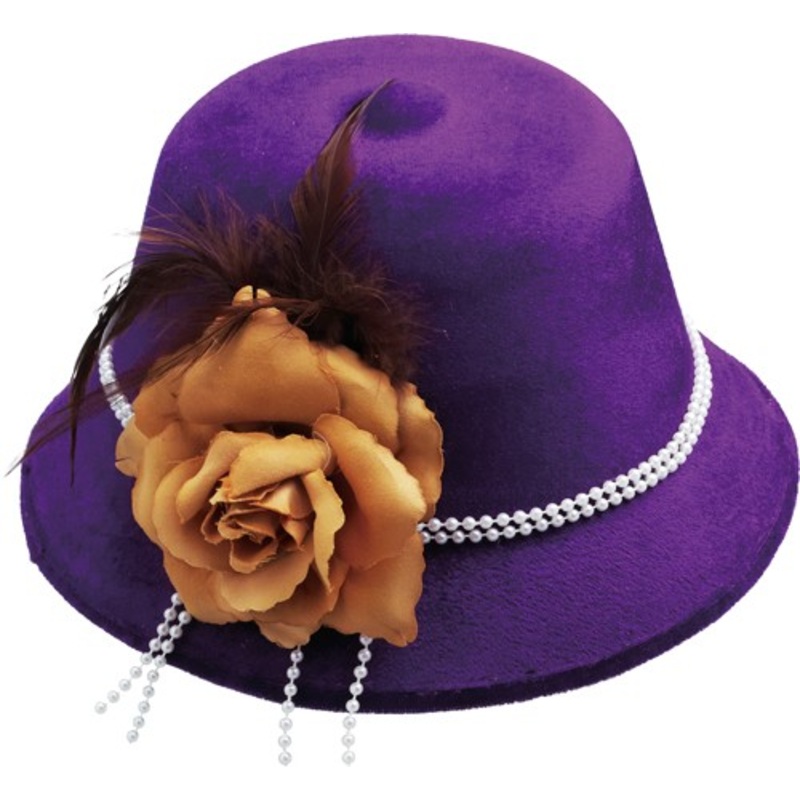 Elegant purple women's hat with pearl ribbon and flower