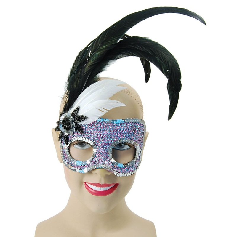 Lilac-turquoise sequin mask with feather distortion