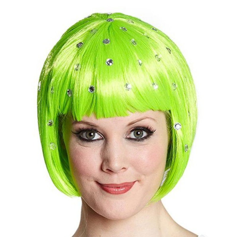 Wig bob neon green shiny with gemstones