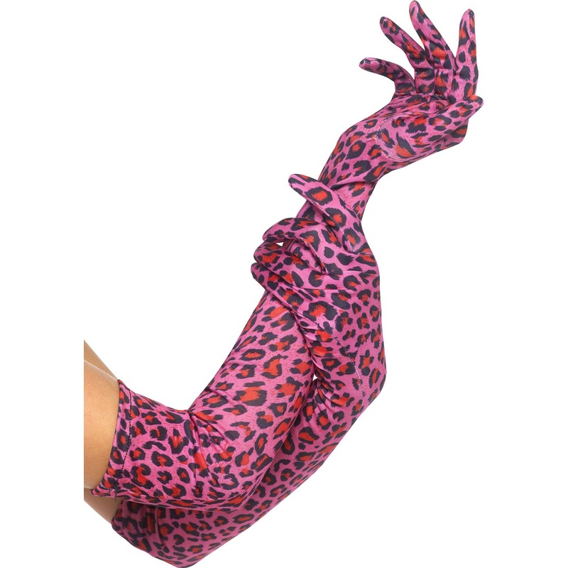 Long leopard gloves pink 52 cm