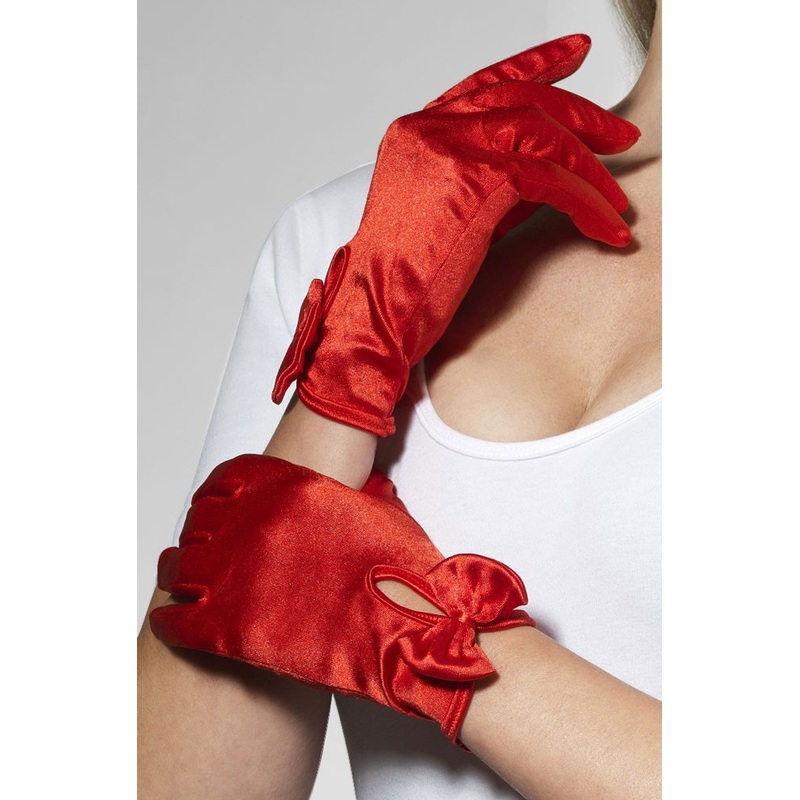 Red shimmer gloves with bow for women