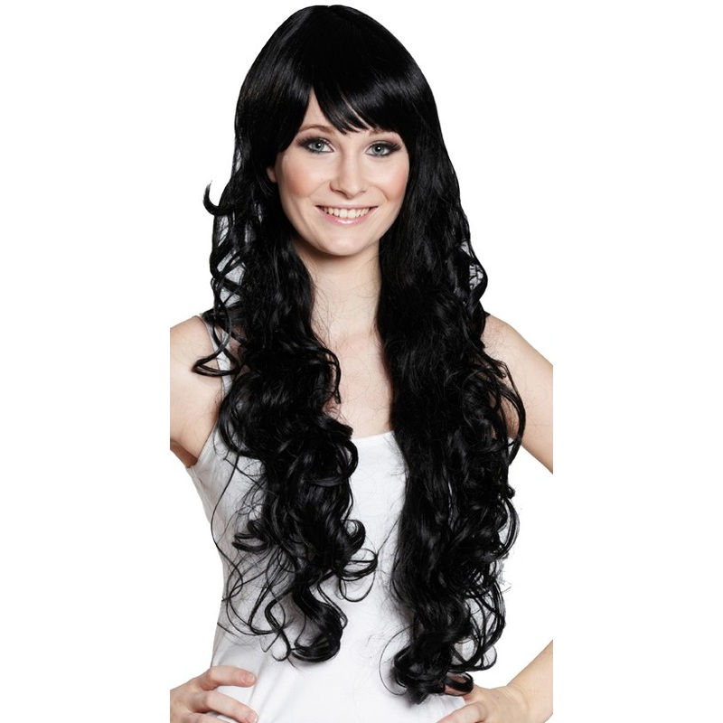 Wig long hair curls black with bangs
