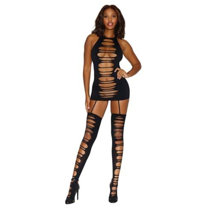Black Opaque Slash Garter Dress for Women