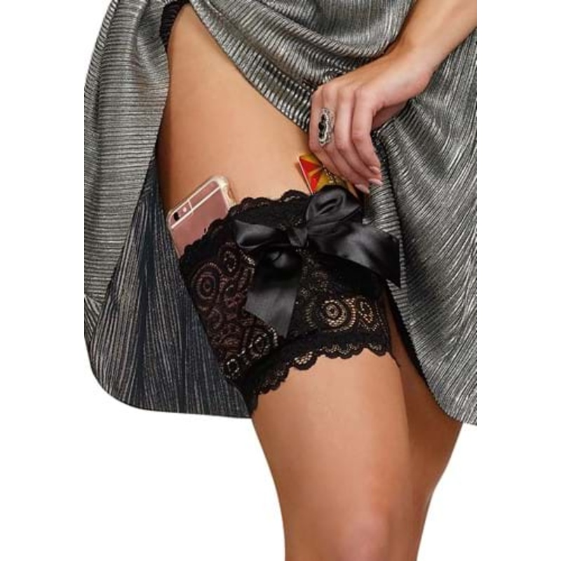 Black Scalloped Lace Leg Garter Wallet with Pockets for Phone and Wallet