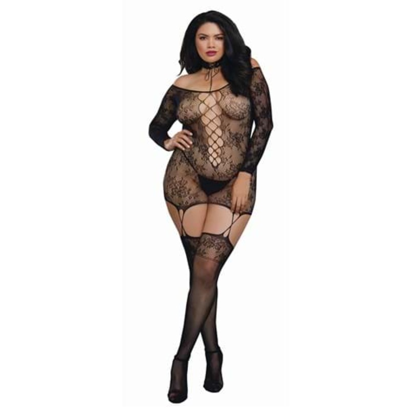 Women's Plus Size Black Lace Patterned Knit Garter Dress with Stockings