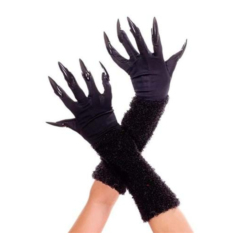 Women's Furry Black Gloves with Nails
