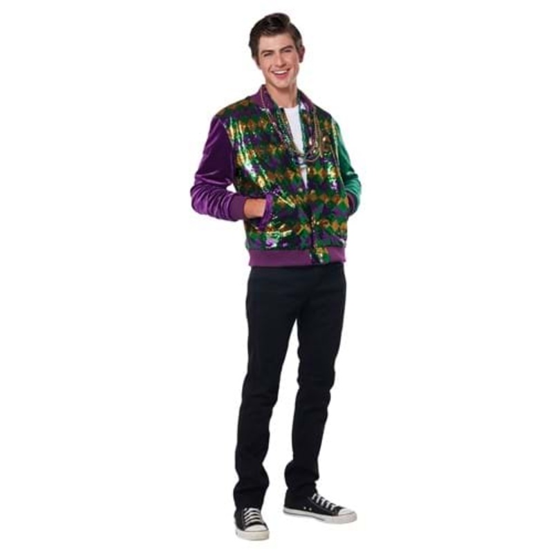 Mardi Gras Sequin and Velour Varsity Bomber Jacket for Adults Medium