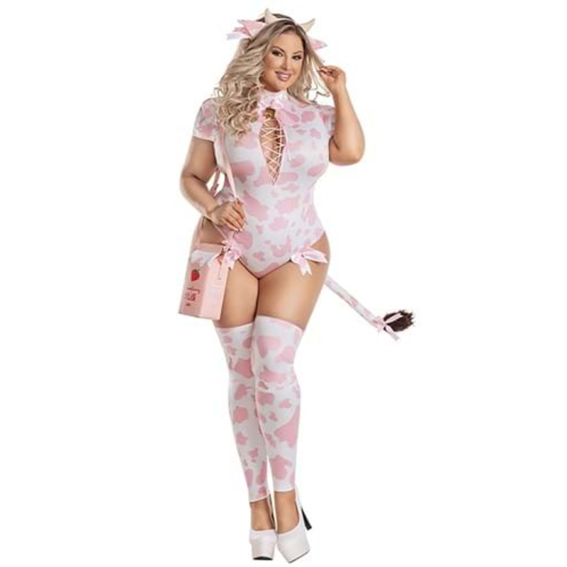Women's Plus Size Sexy Strawberry Milk Cow Bodysuit Costume 1X